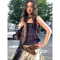 批发已出货 复古格纹<b class='q'>无袖</b>绑带抹胸<b class='q'>背心</b>女夏露肩上衣