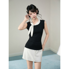 批发已出货 韩系波点蝴蝶结拼接设计感<b class='q'>无袖</b><b class='q'>背心</b>女纯棉修身上衣