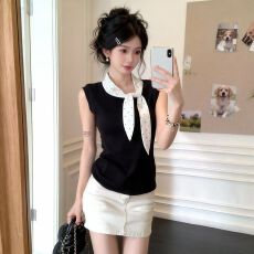 批发已出货 法式蝴蝶结波点<b class='q'>背心</b>女纯棉设计感小众收腰<b class='q'>无袖</b>上衣