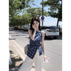 批发已出货 新款格纹掐腰修身侧开叉<b class='q'>无袖</b>修身小衫大码高腰显瘦上衣女