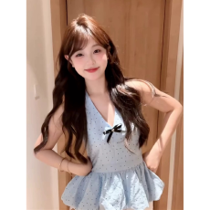 批发已出货 蓝色波点蝴蝶结拼接挂脖<b class='q'>背心</b>女纯欲风收腰<b class='q'>无袖</b>上衣