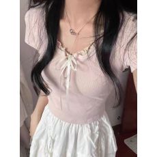 批发已出货 女夏季韩版甜美短袖T恤蝴蝶结蕾丝边<b class='q'>修身</b>上衣