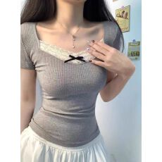 批发已出货 灰色方领蝴蝶结短袖 T 恤女夏<b class='q'>修身</b>显瘦短款辣妹上衣