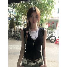 批发已出货 甜酷风黑色无袖背心女夏<b class='q'>修身</b>显瘦拼接设计感上衣