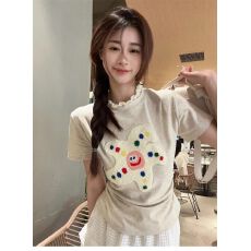 批发已出货 海星印花浅杏色短袖 <b class='q'>T</b> <b class='q'>恤</b><b class='q'>女</b>夏修身显瘦短款上衣