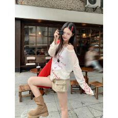 批发2026夏季新款字母印花露肩<b class='q'>长袖</b> T 恤女薄款宽松防晒针织罩衫