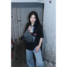 批发已出货 灰色做旧印花短袖T恤女美式复古<b class='q'>街头</b>风宽松显瘦百搭上衣