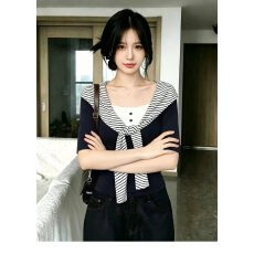 批发夏季新款绑带拼接条纹短袖T恤<b class='q'>女</b>装上衣百搭时尚显瘦气质