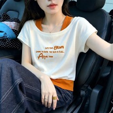 批发撞色假两件字母<b class='q'>印花</b>短袖T恤新款百搭时尚显瘦气质简约
