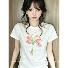 批发清纯甜美风白色花朵短袖t恤<b class='q'>女</b>夏季装绝美俏新款百搭时尚