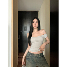 批发美式复古烫钻一字肩新款设计感<b class='q'>百搭</b>时尚显瘦气质简约休闲