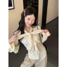 批发设计感荷叶边飘带蝴蝶结<b class='q'>长袖</b>上衣女秋季百搭打底衫修身内搭T
