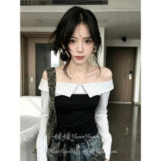 批发MR设计感条纹拼接绑带气质长袖<b class='q'>衬衫</b>秋季收腰学院风新款