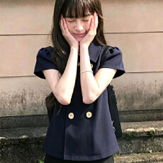 批发学院风翻领polo短袖衬衫女士小衫洋气夏装藏青色短上衣