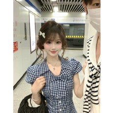 批发学院风韩系穿搭一整套夏日绝美格子泡泡袖衬衫短<b class='q'>裙裤</b>两件套小个