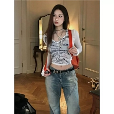 批发满天星已出货罗纹性感上衣女印花长袖短款内搭新款百搭