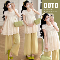 批发<b class='q'>实拍</b>2026<b class='q'>孕妇装</b>新款夏季韩版时尚重工刺绣上衣冰丝夏季花边九分裤