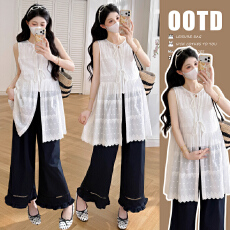 批发孕妇装2026款大码刺绣韩系三件套罩衫背心裙+镂空花边九分裤