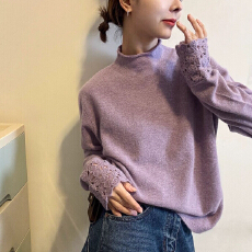 批发镂空<b class='q'>钩花</b><b class='q'>蕾丝</b>拼接半高领针织衫<b class='q'>上衣</b>女秋冬季新款高级感宽松打底衫