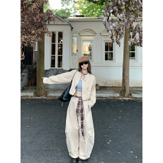 批发实拍实价~美式复古立领卡其色工装短夹克外套+撞色腰带阔腿弯刀裤