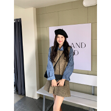 批发实拍实价~美拉德套装小香风马甲+条纹衬衫+百褶半身短裙+秋冬<b class='q'>长裙</b>