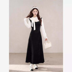 批发休闲时尚蕾丝拼接长袖连衣裙女新款今年爆款巨好看长裙