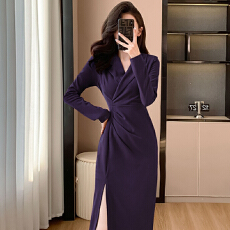 批发法式高级感气质连衣裙2025秋新款收腰显瘦包臀开叉长裙子