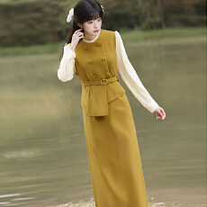 批发气质通勤假两件长袖拼接系带修身包臀<b class='q'>女装</b>连衣裙