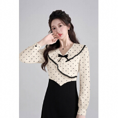 批发法式气质荷叶边v领波点裙女春秋季韩系小香风连衣裙