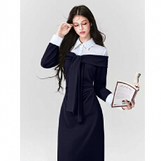 批发春秋新款千金风气质显瘦修身甜美减龄假两件连衣裙