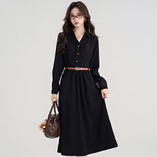 批发赫本风小黑裙法式衬衫裙收腰连衣裙女新款教资面试服装