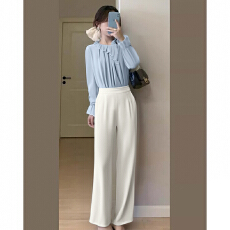 批发【两件套】温柔荷叶边泡泡袖清新衬衫女春<b class='q'>秋</b>裤子套装