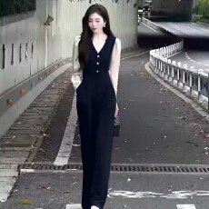 批发连衣裤女2025春秋新款垂感黑色<b class='q'>连体</b><b class='q'>裤</b>修身显瘦高腰