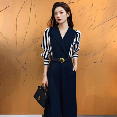 批发【送腰带】2026春季新款气质通勤条纹拼接高腰系带<b class='q'>连体</b>裤女