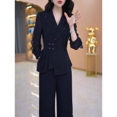批发【两件套】长袖西装领两件套女2026春<b class='q'>秋</b>新款国风直筒裤套装