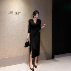 批发长袖v领交叉绑带蕾丝边<b class='q'>连衣裙</b>春秋性感微胖掐腰裙长裙