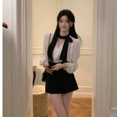 批发法式复古赫本风黑白衬衫气质显瘦上衣套装两件套