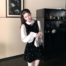 批发黑色短裙撞色休闲时尚<b class='q'>连衣裙</b>女春秋季法式气质裙子