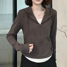 批发95棉5氨纶春季大码半拉链连帽长袖假两件T恤<b class='q'>女装</b>显瘦洋气休闲上衣