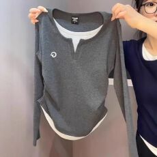 批发95棉5氨纶纯棉胖mm大码<b class='q'>女装</b>2026年春季假两件正肩长袖T恤遮肚上衣