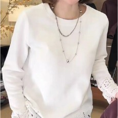 批发95棉5氨纶蕾丝拼接纯棉长袖T恤大码<b class='q'>女装</b>胖mm2026春季白色打底上衣