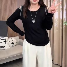 批发92棉8氨纶大码设计感露肩长袖T恤女2026春季新款胖mm显瘦打底上衣