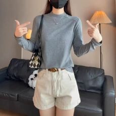 批发92人棉8氨纶新款半高领春纯色时尚百搭打底衫t恤气质简约长袖上衣