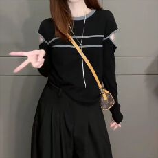 批发92棉8氨纶大码设计感撞色条纹长袖t恤女2026春季新款胖mm显瘦上衣