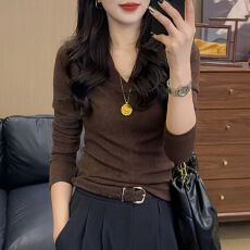 批发92人棉8氨纶2026春季新款气质V领长袖简约上衣修身显瘦T恤打底衫