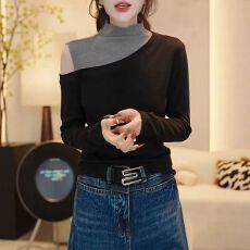 批发92棉8氨纶大码露肩拼色打底衫女装2026春胖MM长袖t恤内搭修身上衣