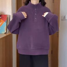 批发2026春季新款紫色宽松半高领纽扣设计长袖卫衣女韩版休闲<b class='q'>百搭</b>上衣