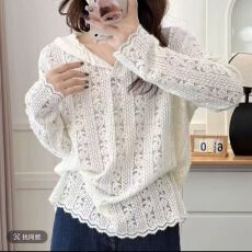 批发90涤10氨纶2026春季款<b class='q'>蕾丝</b><b class='q'>钩花</b>连帽针织<b class='q'>上衣</b>大码胖mm高级感打底衫