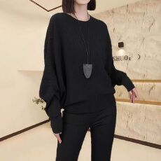 批发慵懒风黑色圆领蝙蝠袖针织衫女春季新款大码宽松显瘦百搭<b class='q'>长袖</b>上衣