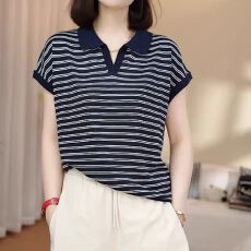 批发<b class='q'>大码</b>女装2026年夏季新款胖MM显瘦时尚宽松翻领条纹短袖百搭针织衫